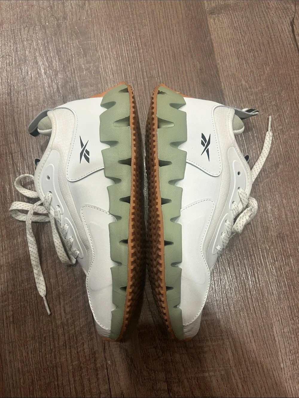 Reebok Women’s White Sneakers with Olive Green and Gum Outsole